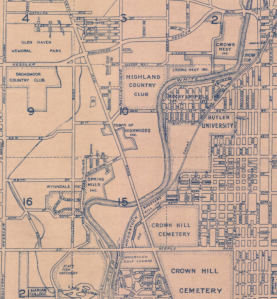 This undated circa 1930s map has Crows Nest in the upper right along Kessler Boulevard. The Golden Hill neighborhood is unmarked on this map, but it sits in the lower left on the south side of the Woodstock Country Club along Maple Street (that is, 38th Street).
