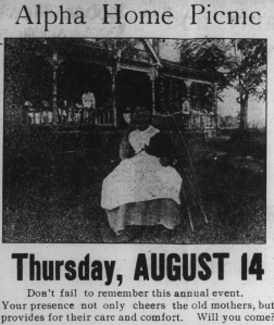 Alpha Home's numerous fund-raisers included yearly picnics like this one advertised in the Indianapolis Recorder in August, 1913.