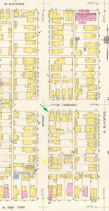 In 1915 725 West Vermont Street stood at the green arrow on this map and 311 Bright Street was at the yellow arrow. Other features on the map included Garden Baptist Church, which sat across the street from 311 Bright Street from 1872 until 1941.