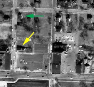 In this 1972 aerial view, 725 West Vermont Street is at the green arrow and 311 Bright Street is the yellow arrow.