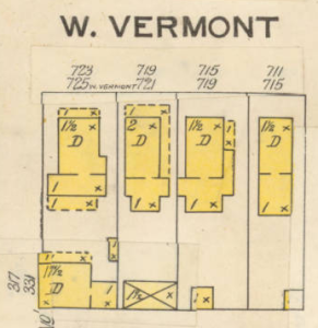 In 1898 the Sanborn insurance map showed the home at 725 West Vermont Street in the upper left.