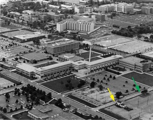 This 1982 aerial view shows 311 Bright Street still standing at the yellow arrow. The home at 725 West Vermont Street had been razed, which is reflected in the fresh asphalt patch at the green arrow.