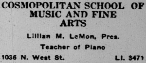 The Recorder included this ad for Lillian LeMon's new music and arts school in December, 1926.