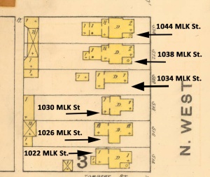 An 1887 Sanborn Insurance Company map shows the three homes along North West Street (click for expanded view). Indianapolis house numbers have changed three times, and this map includes the earliest house numbers.
